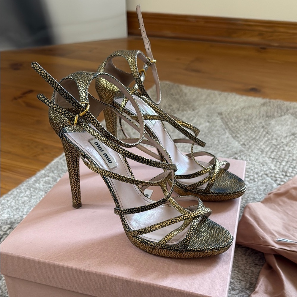 Miu Miu Gold Stiletto Heels with Strappy Design